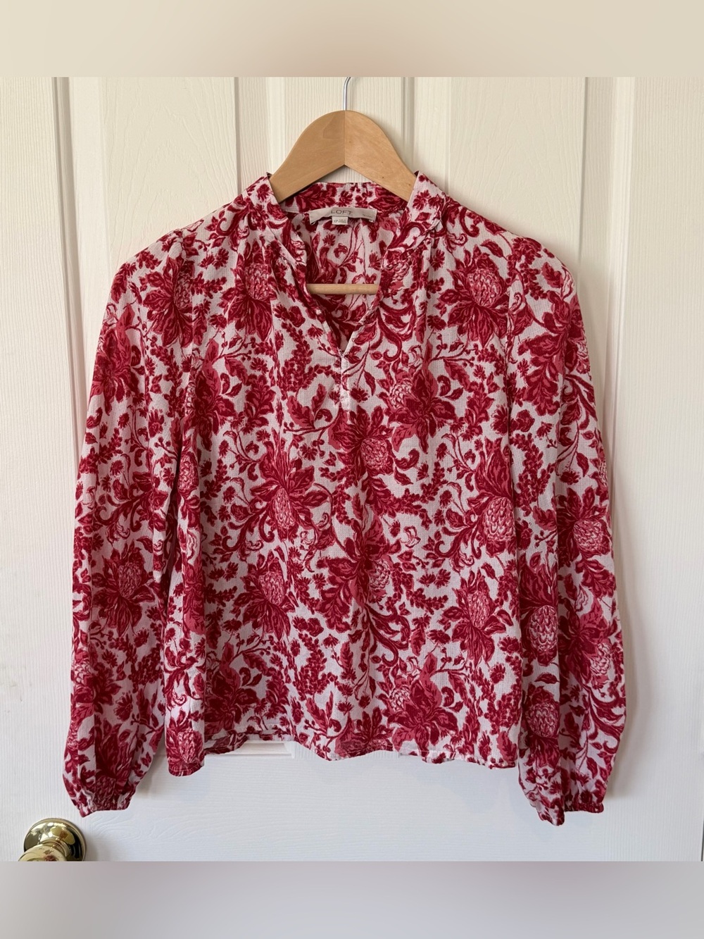 LOFT Red Floral Split-Neck Long Sleeve Blouse